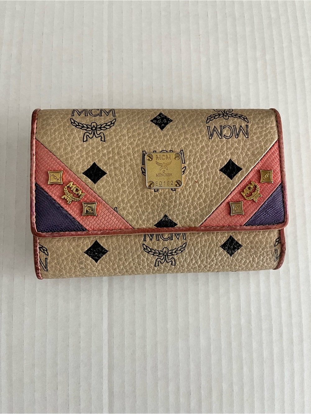 MCM Visetos Vintage-Style Tri-fold Leather Tan Pink and Purple Studded Wallet